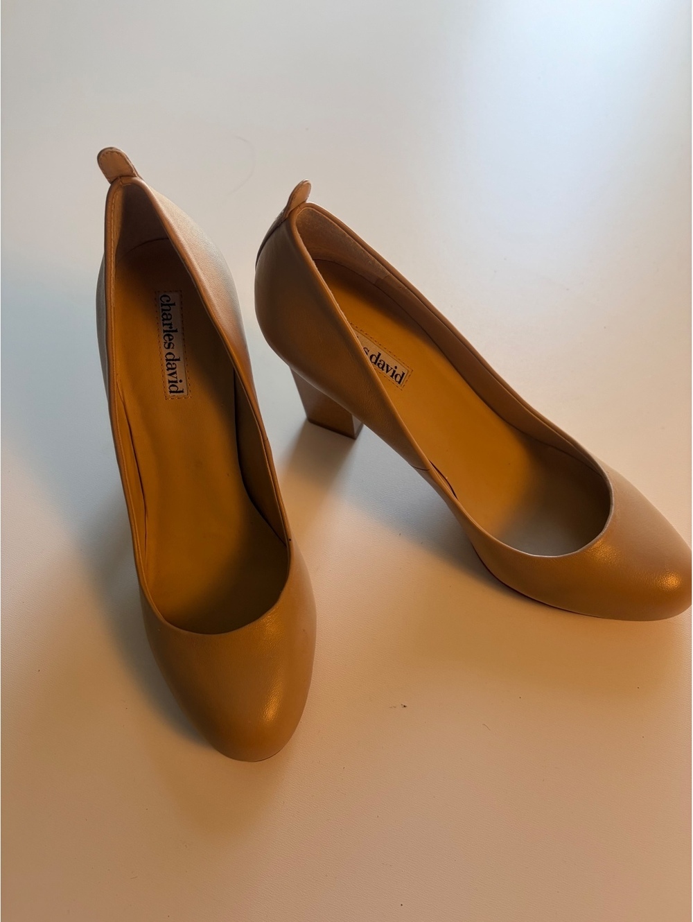 Charles David Beige Leather Block Heel Pumps